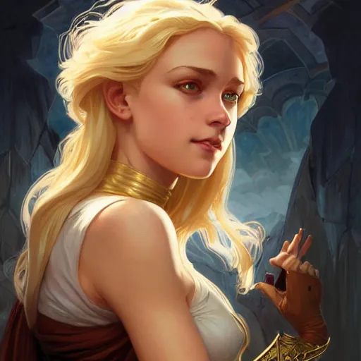 Image similar to an epic fantasy comic book style portrait painting of a young blonde girl thief, d & d, fantasy, joyful smirk, intricate, elegant, digital painting, artstation, concept art, matte, sharp focus, illustration, art by artgerm and greg rutkowski and alphonse mucha