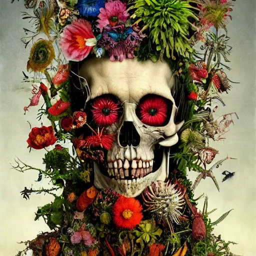 Prompt: 'Life from death' A detailed aesthetic horror full body portrait painting depicting 'A complete skeleton with plants and flowers growing all over it, birds and insects flying all around it' by giuseppe arcimboldo and Rembrandt, Trending on cgsociety artstation, 8k, masterpiece, cinematic lighting, vibrant colors.