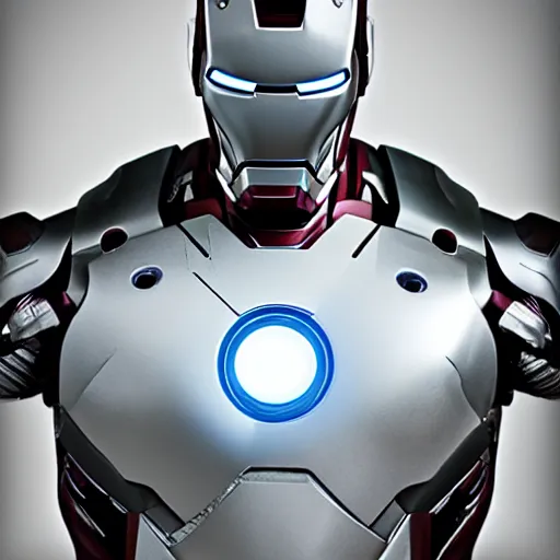 Image similar to silver and white iron man suit, 4 k realistic photo