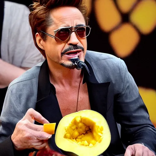 Image similar to robert downey jr. eating a mango.