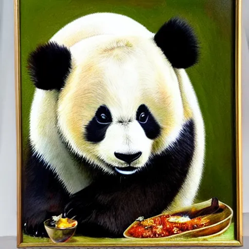 Image similar to panda eating a lot, extremely detailed oil painting, oil in canvas