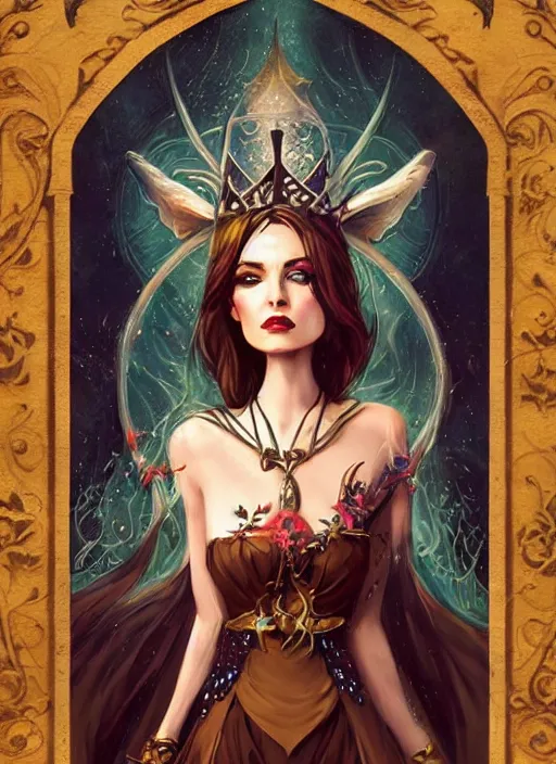 Image similar to tarot!!, fairy queen, fantasy medieval, no noise, elegant, concept art, sharp focus, beautiful face!!, digital art, smooth defined outlines!!, by Brom, trending on Artstation, Tom Bagshaw, Sargent