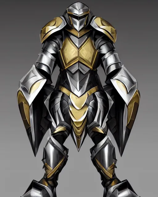 Image similar to fantasy armor, clean shiny silver armor with gold trim, trending on artstation, symmetrical, flat shading, extremely smooth, orthographic front view, professional awesome, incredible, creative, the best