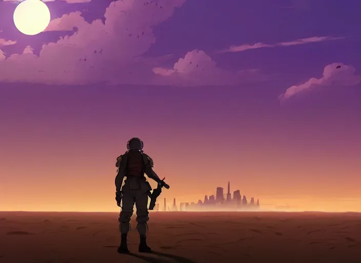 Image similar to cel shading background, science fiction pc game point - and - click adventure, studio ghibli, soldier roaming through desert with city in the skyline, two suns, purple orange colors, sharp focus, illustration, highly detailed, digital painting, concept art, matte, art by wlop and artgerm and greg rutkowski, masterpiece