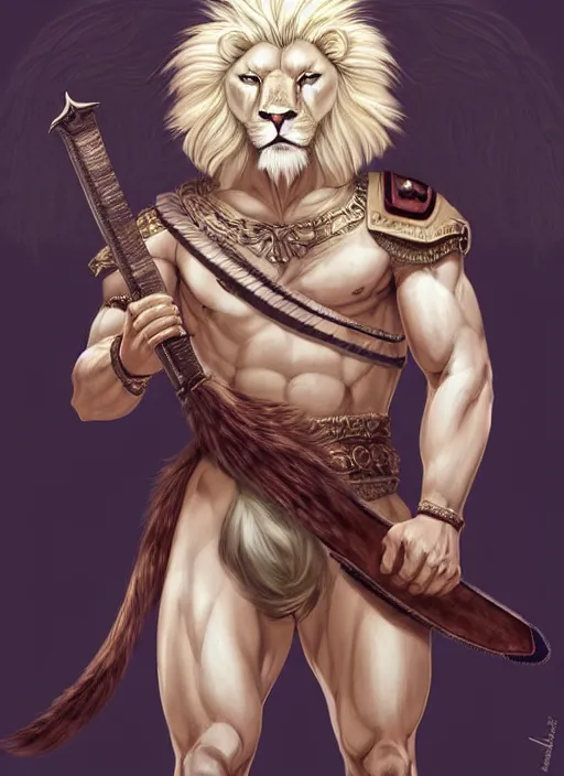 Image similar to aesthetic portrait commission of a of a male fully furry muscular anthro albino lion with a tail and a beautiful attractive hyperdetailed face, wearing ancient roman attractive gladiator outfit while holding a gladiators sword in his hand in a giant roman coliseum at golden hour. Character design by charlie bowater, ross tran, artgerm, and makoto shinkai, detailed, inked, western comic book art, 2021 award winning film poster painting