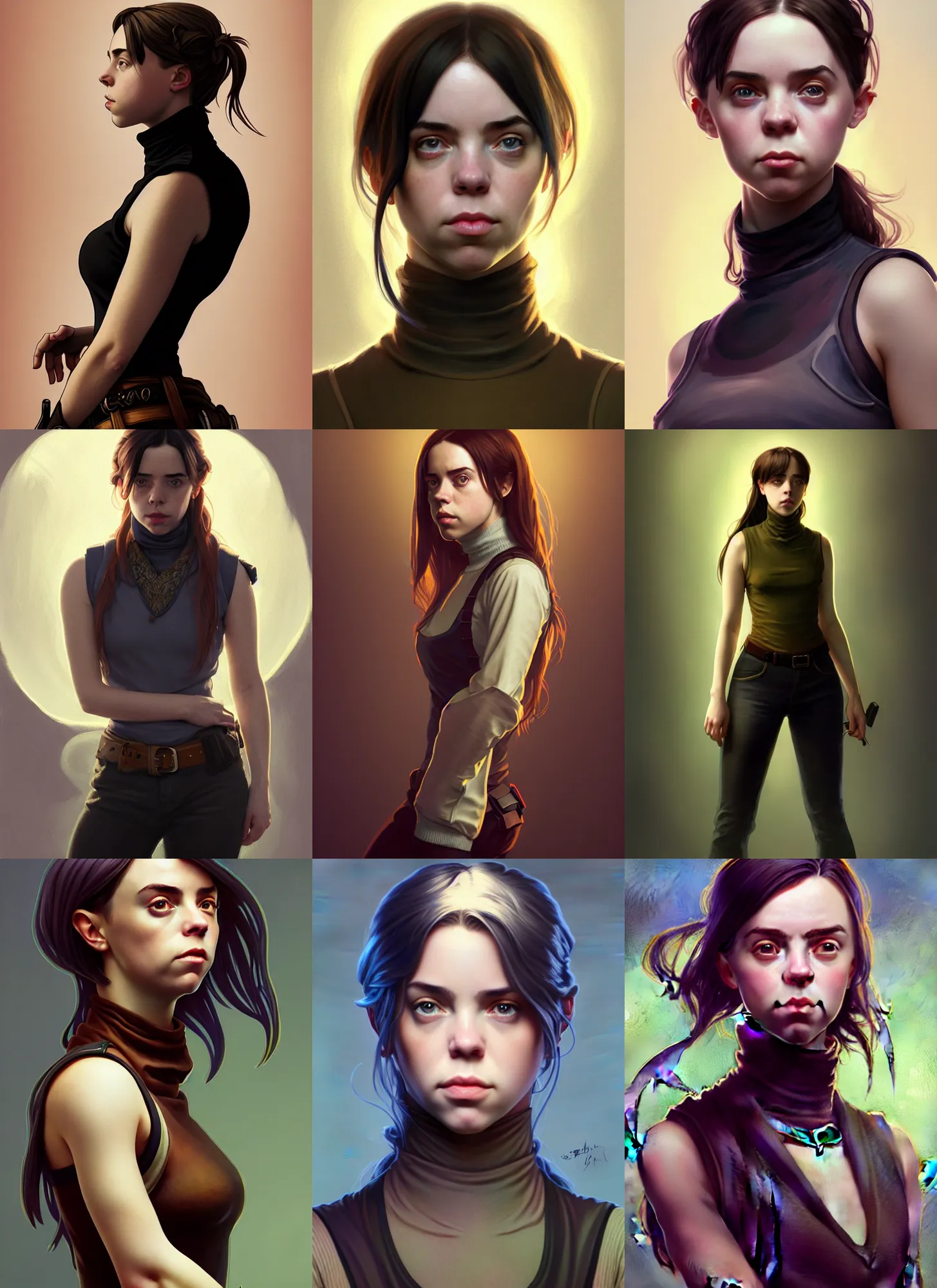 Prompt: portrait of a full body of beautiful young female detective, d & d, sleeveless turtleneck, fantasy, flat lighting, intricate, highly detailed, digital painting, artstation, concept art, smooth, sharp focus, illustration, billie eilish, art by simon bisley and greg rutkowski and alphonse mucha, natural tpose