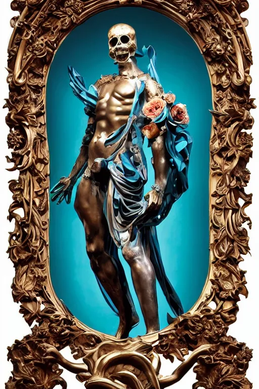 Image similar to a young handsome Spanish metal android with a large glowing battery in the center of his chest in a full-body bronze cyberpunk style statue of Icarus with glowing blue eyes, crown of peach roses, flowing teal-colored silk, fabric, flowers. baroque elements, human skull. full-length view. baroque element. intricate artwork by caravaggio. many many birds birds on background. Trending on artstation, octane render, cinematic lighting from the right, hyper realism, octane render, 8k, depth of field, 3D