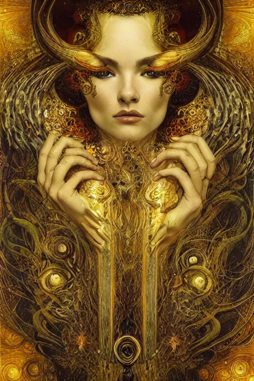 Image similar to Divine Chaos Engine by Karol Bak, Jean Deville, Gustav Klimt, and Vincent Van Gogh, beautiful visionary mystical portrait, sacred, otherworldly, fractal structures, Surreality, SpiralDee, ornate gilded medieval icon, third eye, spirals