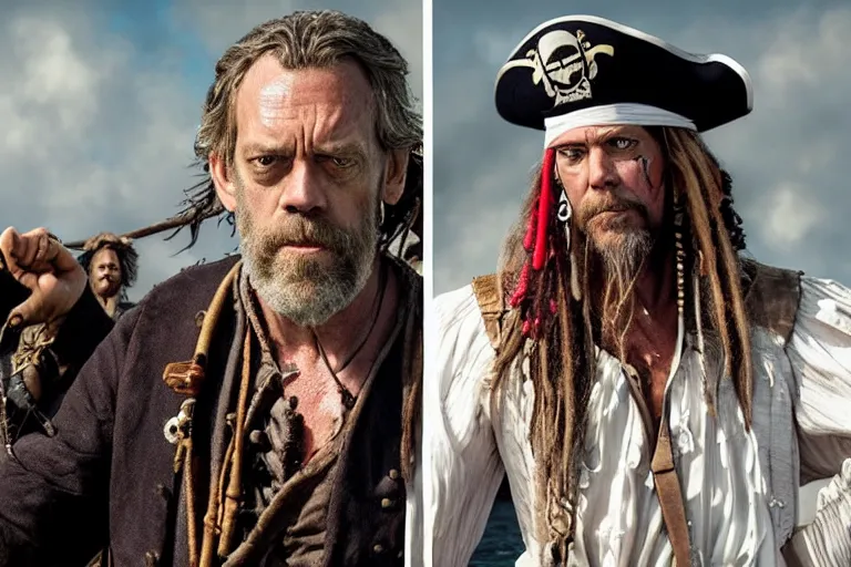 Image similar to promotional image of hugh laurie as a pirate captain in the new Pirate of the Carribean movie, very detailed face, movie still frame, promotional image, imax 70 mm footage