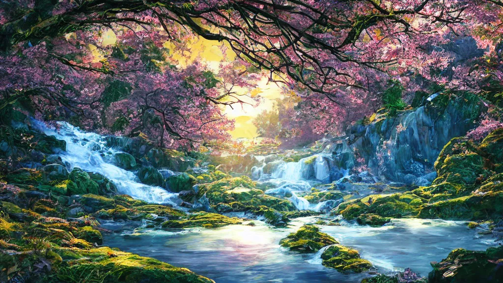 Image similar to featured on artstation cherry tree overlooking valley waterfall sunset beautiful image stylized digital art