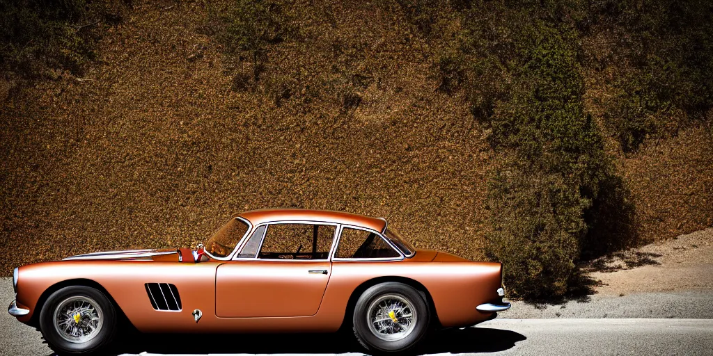 Image similar to photograph, 1958 FERRARI 250 GT, copper paint, by Peter Singhof, press release, cinematic, malibu canyon, 8k, depth of field, bokeh. rule of thirds