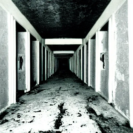 Prompt: Photograph of an abandoned 1940s long hallway with Samara from the movie the ring, dark, no lights, moist, taken using a film camera with 35mm expired film, bright camera flash enabled, award winning photograph, creepy, liminal space