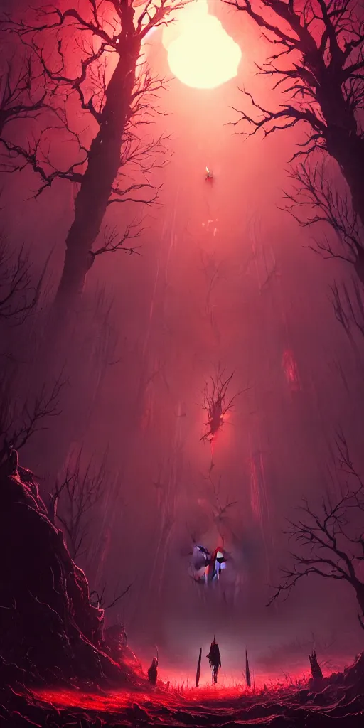 Image similar to abandoned bloodborne old valley with a person at the centre and a werewolf at the end of the valley, trees and stars in the background, falling petals, epic red - orange sunlight, perfect lightning, illustration by niko delort