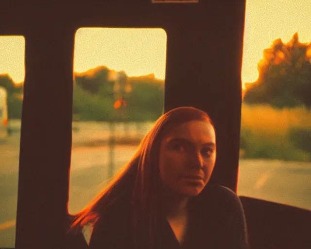 Image similar to lomo photo of shy goth girl sitting in empty bus, sunset, cinestill, bokeh