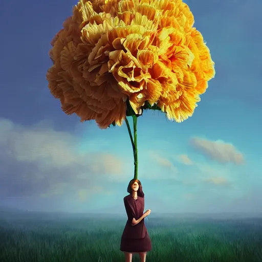 Image similar to giant carnation flower head, frontal, girl in a suit, surreal photography, sunrise, dramatic light, impressionist painting, digital painting, artstation, simon stalenhag