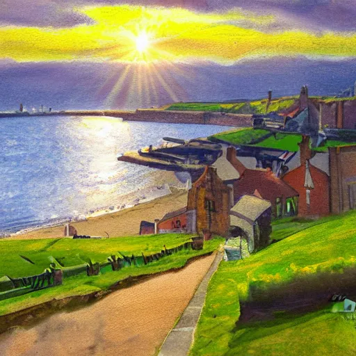 Prompt: happy landscape painting of whitby on a sunny day, god rays, photography, painterly