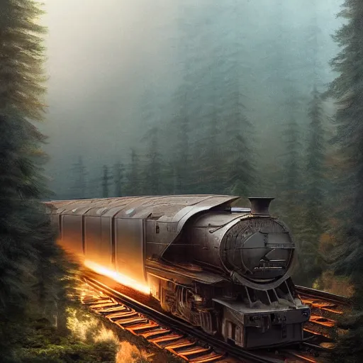 Prompt: long shot of a high octane fight scene on top of a moving train heading into the tunnel of a tall mountain surrounded by forest on a rainy day at dusk, digital painting, matte painting, artstation, art by artgerm and greg rutkowski and alphonse mucha, highly detailed, intricate, octane render, 8 k, unreal engine