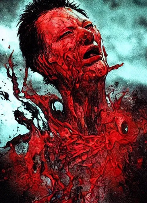 Image similar to horror art detailed yeltsin pours red - hot lead down the throats of millions of sinners