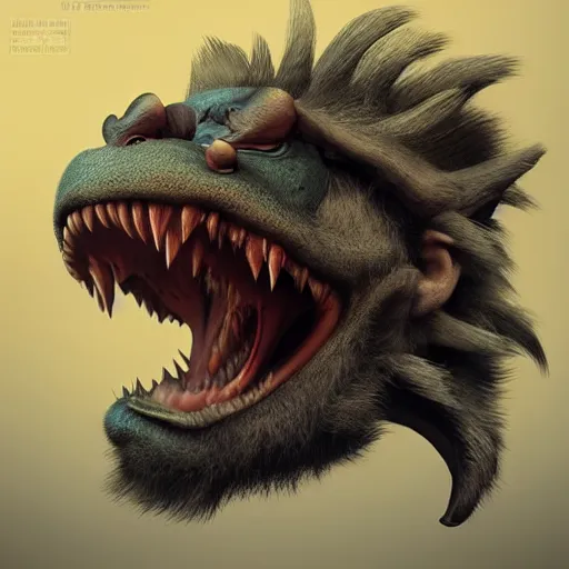 Prompt: a very angry monkey monster with sharp long teeth, digital art, side view, trending on artstation, cgsociety, artgerm