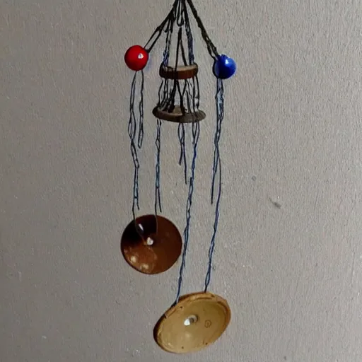 Image similar to This is a sketch of a wind chime made from the pieces of a broken mug. It shows the mug handle as the top piece with strings attached to it, and the bottom pieces of the mug hanging down like little bells, sketch, illustration