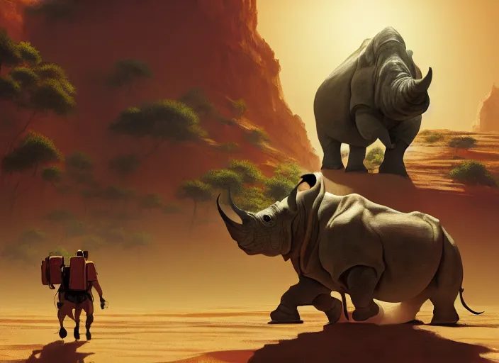 Prompt: the big large expedition with a crowd of adventurers being brought by gigantic rhinos carrying stuff towards the desert of duhnes medium shot, studio ghibli animation, anime key art by craig mullins, bloom, dramatic lighting