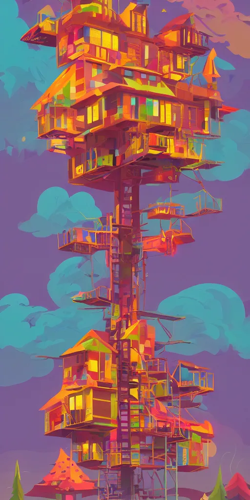 Prompt: cursed multicolored tree house, tom whalen, james gilleard, liam brazier, tristan eaton