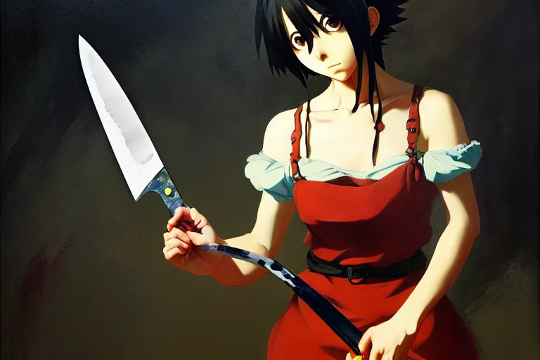 Image similar to baroque oil painting of anime key visual concept art of anime girl serial killer holding bloody kitchen knife, acrylic painting, trending on pixiv fanbox, palette knife and brush strokes, style of makoto shinkai jamie wyeth james gilleard edward hopper greg rutkowski studio ghibli genshin impact