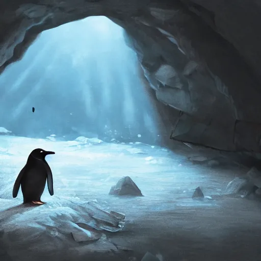 Image similar to lonely penguin playing in a cave, abandoned by its herd, cinematic lighting, 4k painting