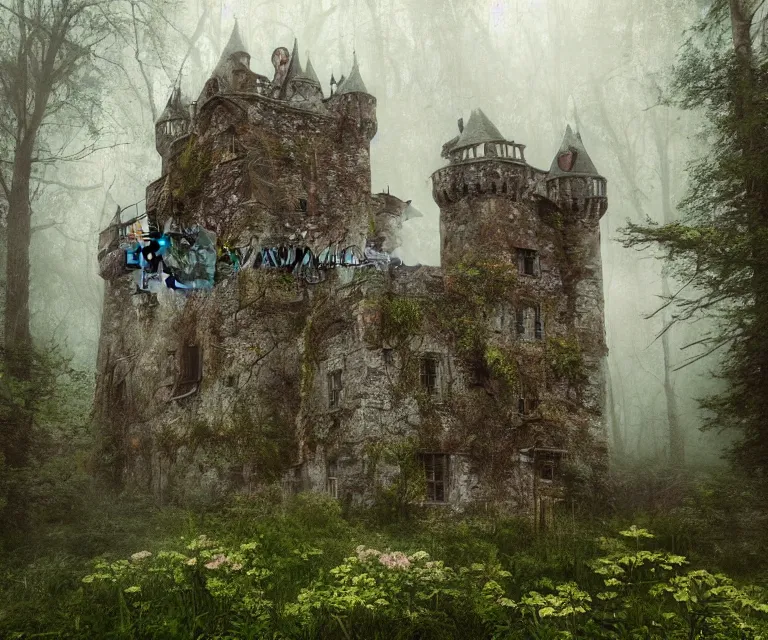 Image similar to old rundown castle in the middle of a haunted forest, foggy, high fantasy, colorful flowers, aged vegetation, photorealism, perfect composition