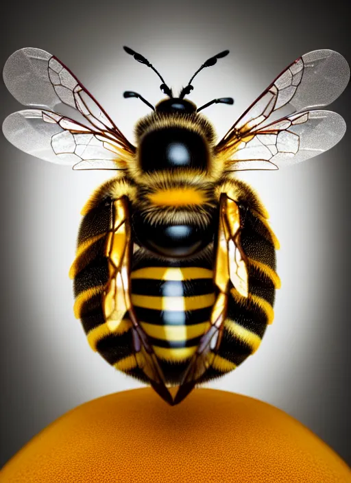 Prompt: photo portrait of Doctor Bee's from Harry Partridge, elegant pose, very detailed, highly detailed Bee themed costume, photorealism, artstation, different point of view, sharp focus, photorealistic, soft diffuse autumn lights, some sunlight ray, dark room wall, canon 5D 50 mm lens, zen natural background