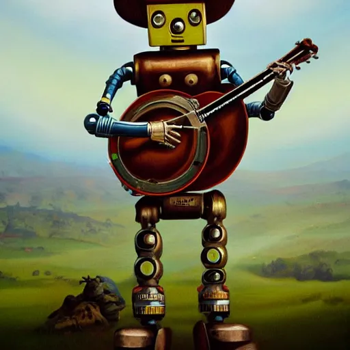 Prompt: painting of a country bumpkin robot playing a banjo, bluegrass robot, surreal, guitar, banjo, violin, style of peter mohrbacher, trending on artstation, epic, high detail, hyper realistic, 8 k