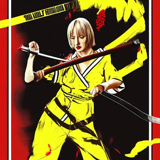 Image similar to kill bill movie poster with uma thurman swinging katana by tarantino, wlop and artgem