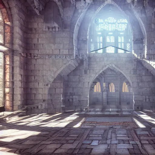 Image similar to ultra mega super hyper realistic Digital concept interior design of futuristic castle in mixed with medieval style. More cyberpunk less medieval. Natural white sunlight from the transperient roof. Rendered in VRAY and DaVinci Resolve and MAXWELL and LUMION 3D, Volumetric natural light