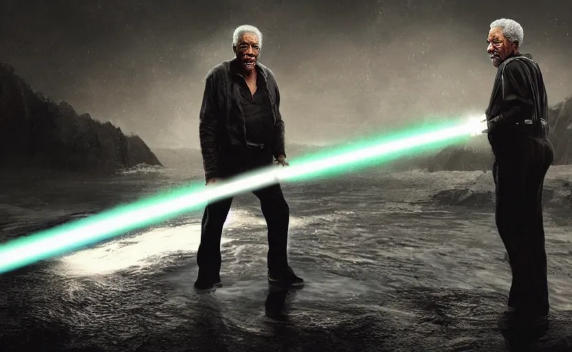 Image similar to morgan freeman holding a lightsaber, water landscape, dramatic lighting, cinematic, establishing shot, long full body shot, extremly high detail, photorealistic, cinematic lighting, post processed, concept art, artstation, matte painting, style by greg rutkowsky