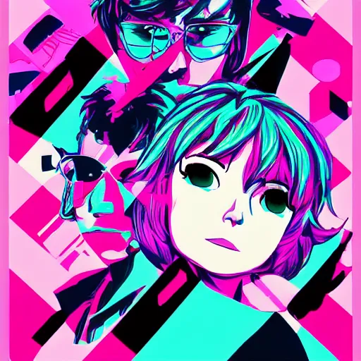 Image similar to vaporwave ramona flowers and scott pilgrim, distorted, warped, varying angles, varying locations, grid,