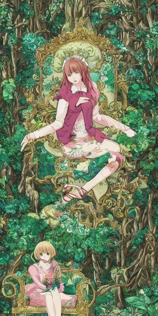 Prompt: the queen of good vibes sitting by herself on a sofa in a forest, drawn by CloverWorks, intricate detail, elegant,