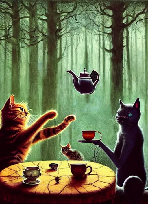 Image similar to cat having tea with a witch in the woods gorgeous lighting, lush forest foliage blue sky a hyper realistic painting by chiara bautista and beksinski and norman rockwell and greg rutkowski weta studio, and lucasfilm