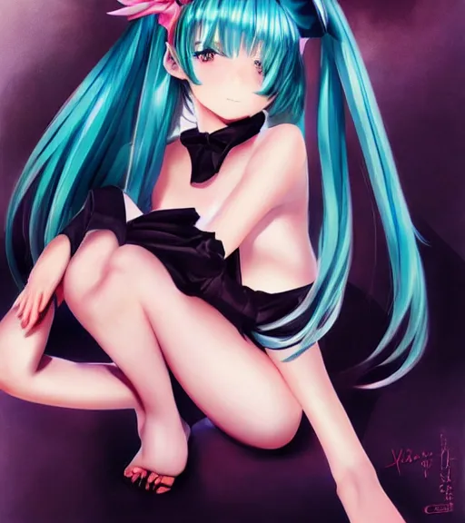 Prompt: Anime art very beautiful Hatsune miku by Gil Elvgren, Vladimir Volegov, Earl Moran, Enoch Bolles, symmetrical shoulders