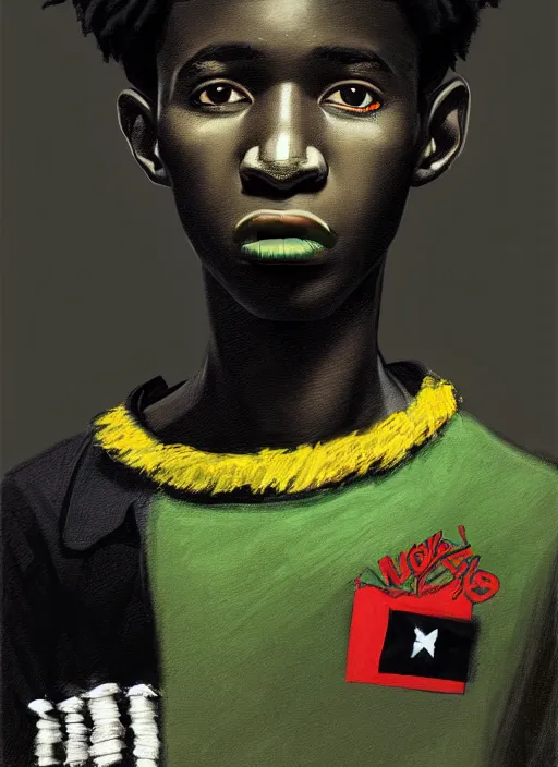 Image similar to portrait of a nigerian teen boy with a crooked nose and a confident expression, 1 9 6 0 s, black clothes, goth, punk, brightly coloured hair, funk, intricate, elegant, highly detailed, digital painting, artstation, concept art, smooth, sharp focus, illustration, art by wlop, mars ravelo and greg rutkowski