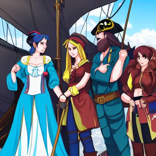 Image similar to two beautiful female pirate captains standing face to face with their crew in the back, detailed anime art