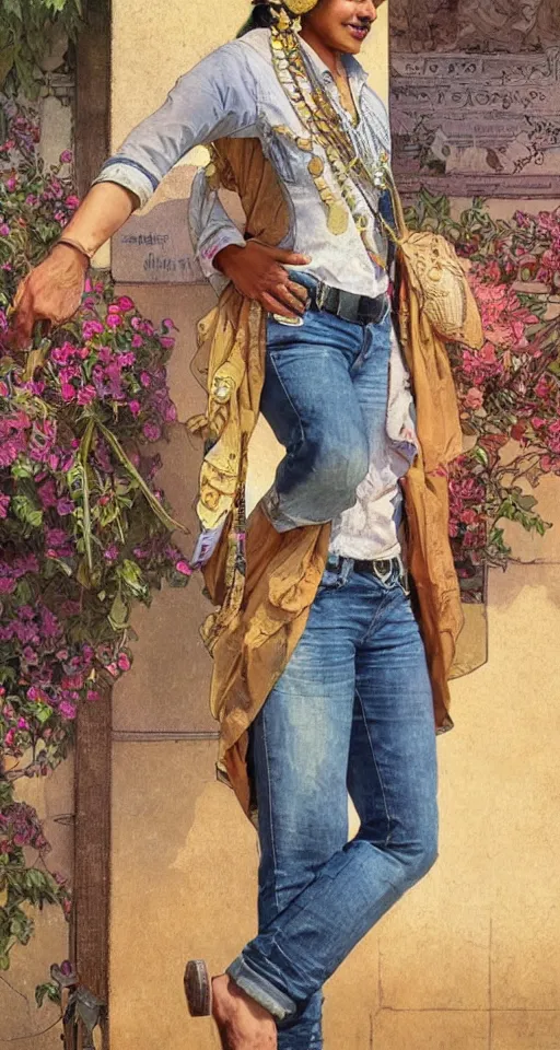 Image similar to close up a beautiful Indian doctor wearing jeans and a shirt in Texas in 2022, sun shining, photo realistic illustration by greg rutkowski, thomas kindkade, alphonse mucha, loish, norman rockwell.