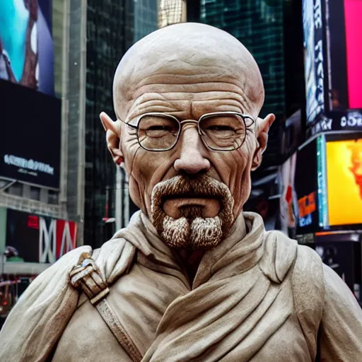 Image similar to extreme long - shot of a very detailed renaissance clay sculpture of walter white wearing a phrygian cap in times square, made by michelangelo, shot from the distance, hyper detailed, sharp focus, 8 k resolution, ray tracing