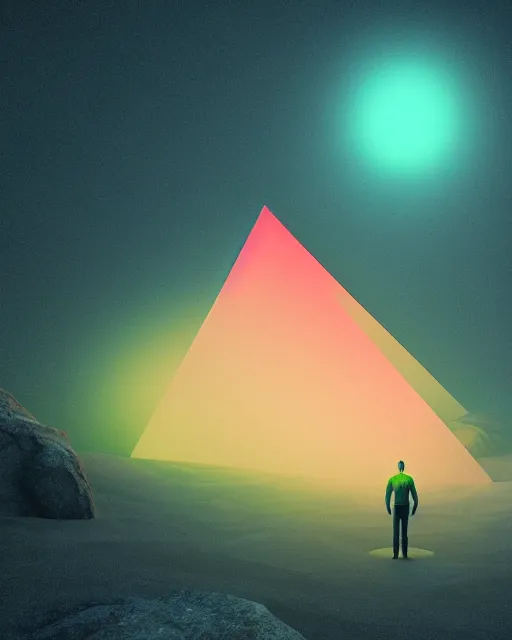 Image similar to a man standing in the middle of a mountain with a glowy neon triangle, a render by filip hodas, behance contest winner, environmental art, rendered in cinema 4 d, volumetric lighting