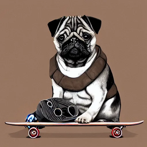 Image similar to a pug dog sitting on top of a skateboard, a digital painting by jeffrey smith, featured on cg society, digital art, digital painting, sketchfab, digital illustration