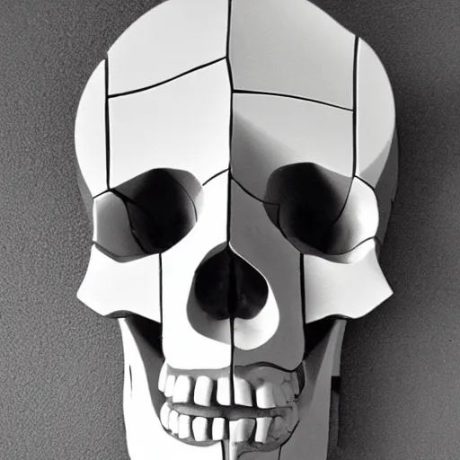 Prompt: a skull cubist sculpture black and white hard light