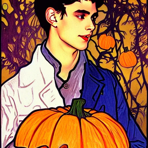 Image similar to painting of handsome young delicate beautiful jeffrey in his 2 0 s with brown hair and gorgeous rina together at the jack o'lantern halloween party holding pumpkins, elegant, clear, painting, stylized, art, art by alphonse mucha, vincent van gogh, egon schiele,