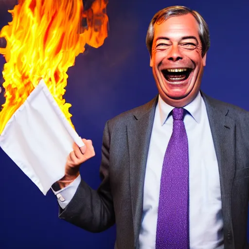 Image similar to nigel farage laughing holding burning eu flag, studio photograph, hd, studio