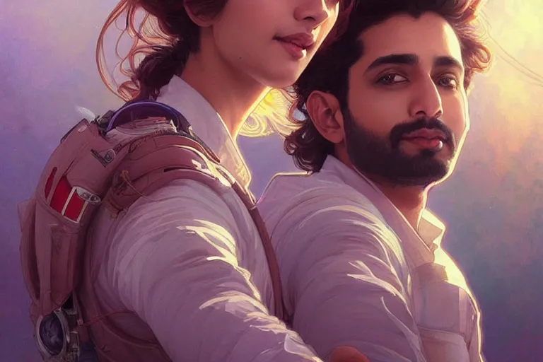 Image similar to Sensual good looking pale young Indian doctors wearing jeans in a space station above Earth, portrait, elegant, intricate, digital painting, artstation, concept art, smooth, sharp focus, illustration, art by artgerm and greg rutkowski and alphonse mucha