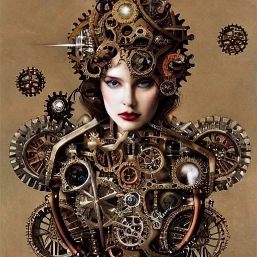 Image similar to A ful body photo of a steampunk beautiful goddess, she half human and half robot, she is embellished with gears wheels and gemstones, by William Holman Hunt, Greg Rutkowski, Stanely Artgerm, Tooth Wu, Peter Gric, Aaron Horkey, trending on Artstation, digital art, mythological, symmetrical artwork, cinematic lighting, hyper realism, high detail, octane render, ultra realistic, golden ratio, 4k, 8k