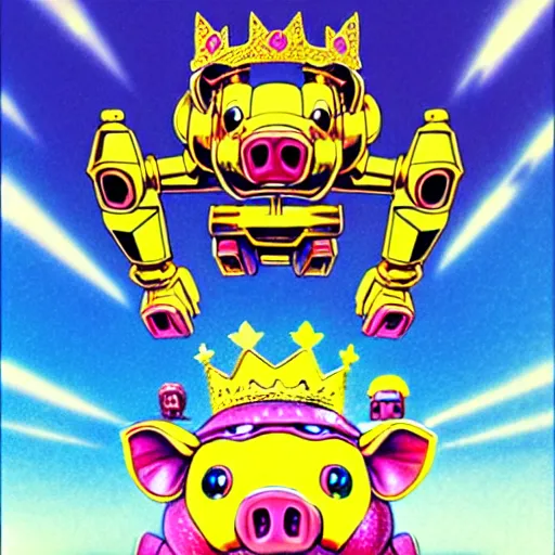 Image similar to 100 giant mecha pigs wearing gold crowns, anime style, art by YASUHIKO Yoshikazu and lisa frank, trending on Artstation